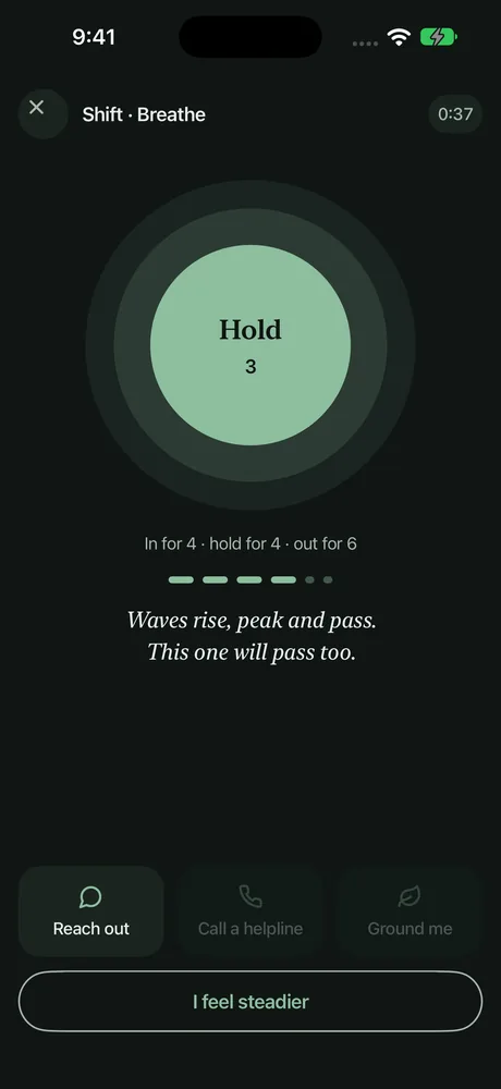 The Breathe screen in dark colours: a large green circle that says Hold, 3, with the words in for 4, hold for 4, out for 6.