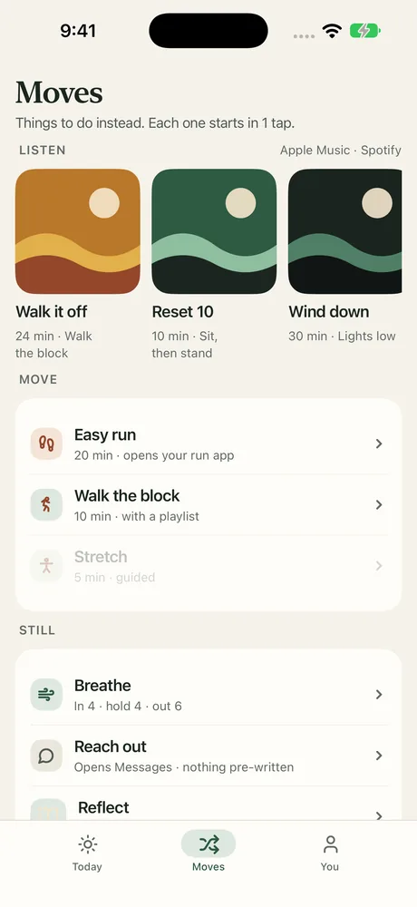 The Moves screen with three playlist cards, Walk it off, Reset 10 and Wind down, and a list of moves such as Easy run, Walk the block, Breathe and Reach out.