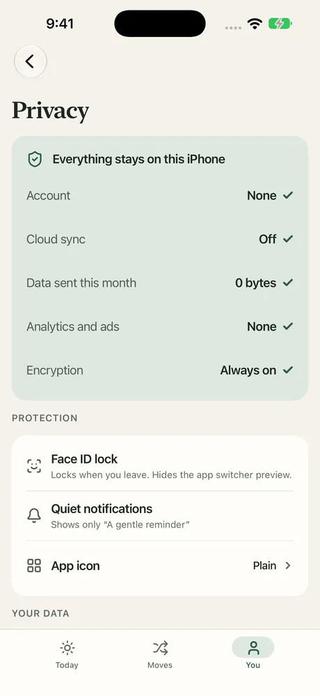 Morrow's Privacy screen: Everything stays on this iPhone. Account none, cloud sync off, data sent this month 0 bytes, analytics and ads none, encryption always on. Below are Face ID lock, Quiet notifications and App icon settings.