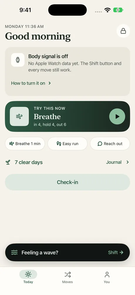 Morrow's Today screen: a greeting, a Breathe card that says in 4, hold 4, out 6, shortcuts for Breathe 1 min, Easy run and Reach out, and a count of 7 clear days.